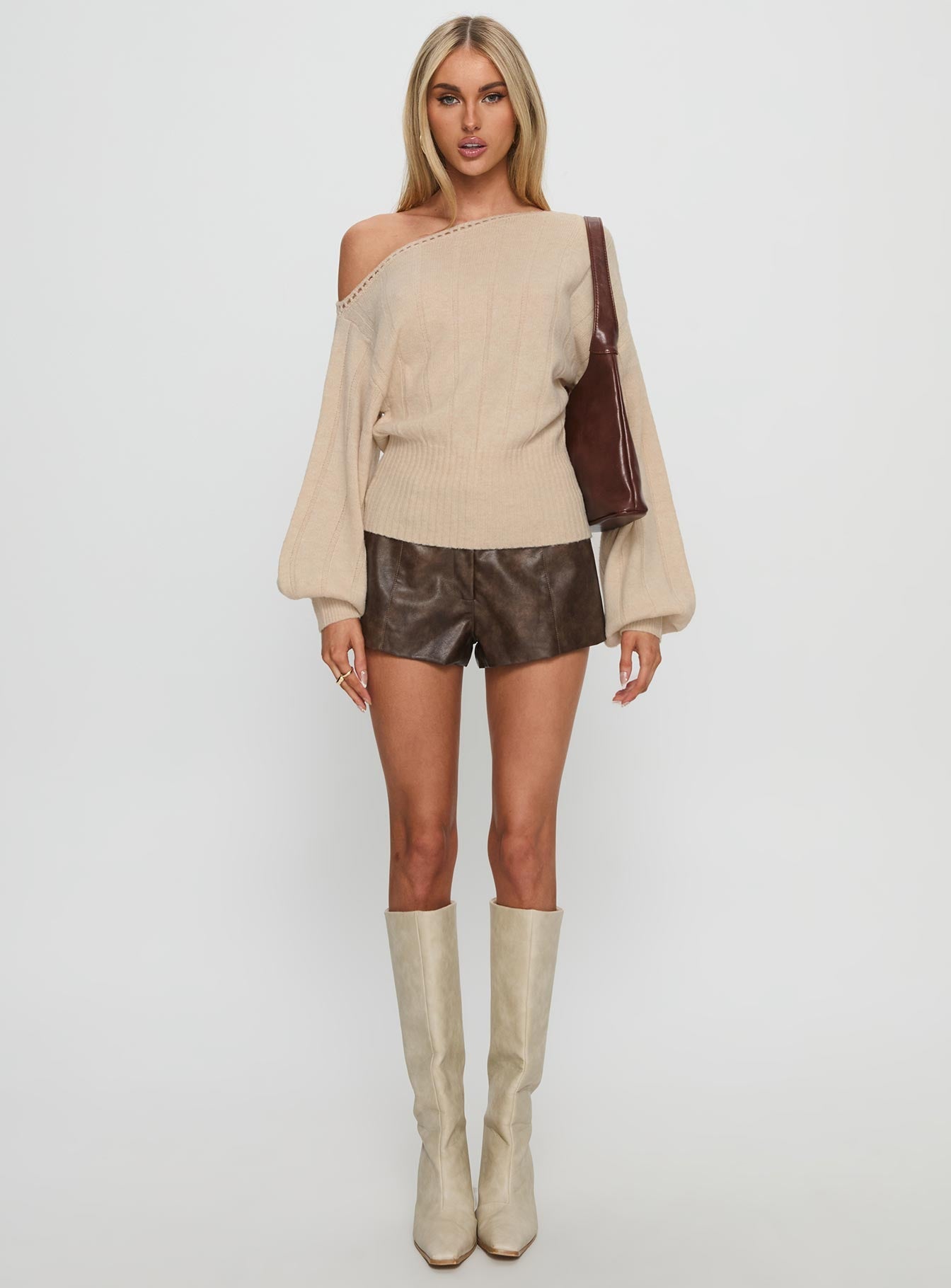 front view of model wearing Princess Polly Jackeline Off Shoulder Rib Jumper Cream 