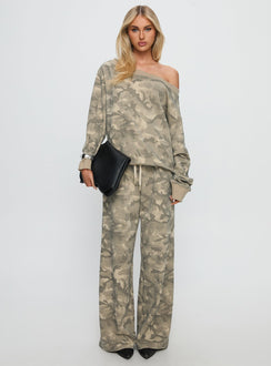 front view of model wearing Princess Polly Dodie Wide Leg Pants Camo High Rise Pants 