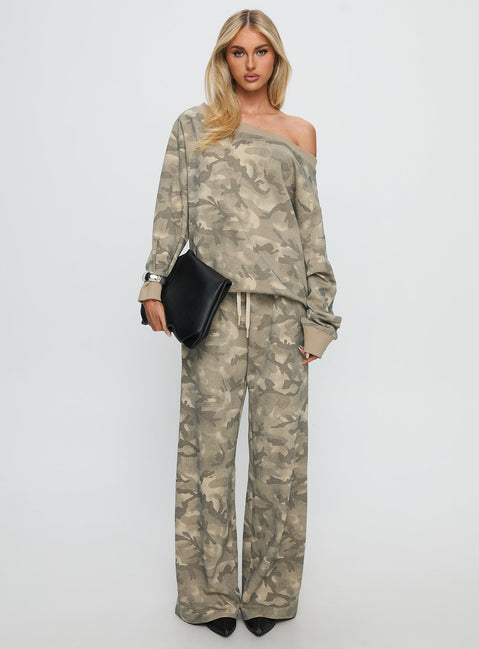 front view of model wearing Princess Polly Dodie Wide Leg Pants Camo High Rise Pants 