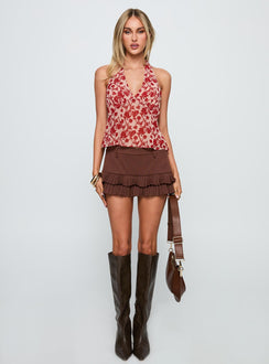 front view of model wearing Princess Polly Two Ghosts Low Back Halter Top Red Floral Sleeveless V-Neck 