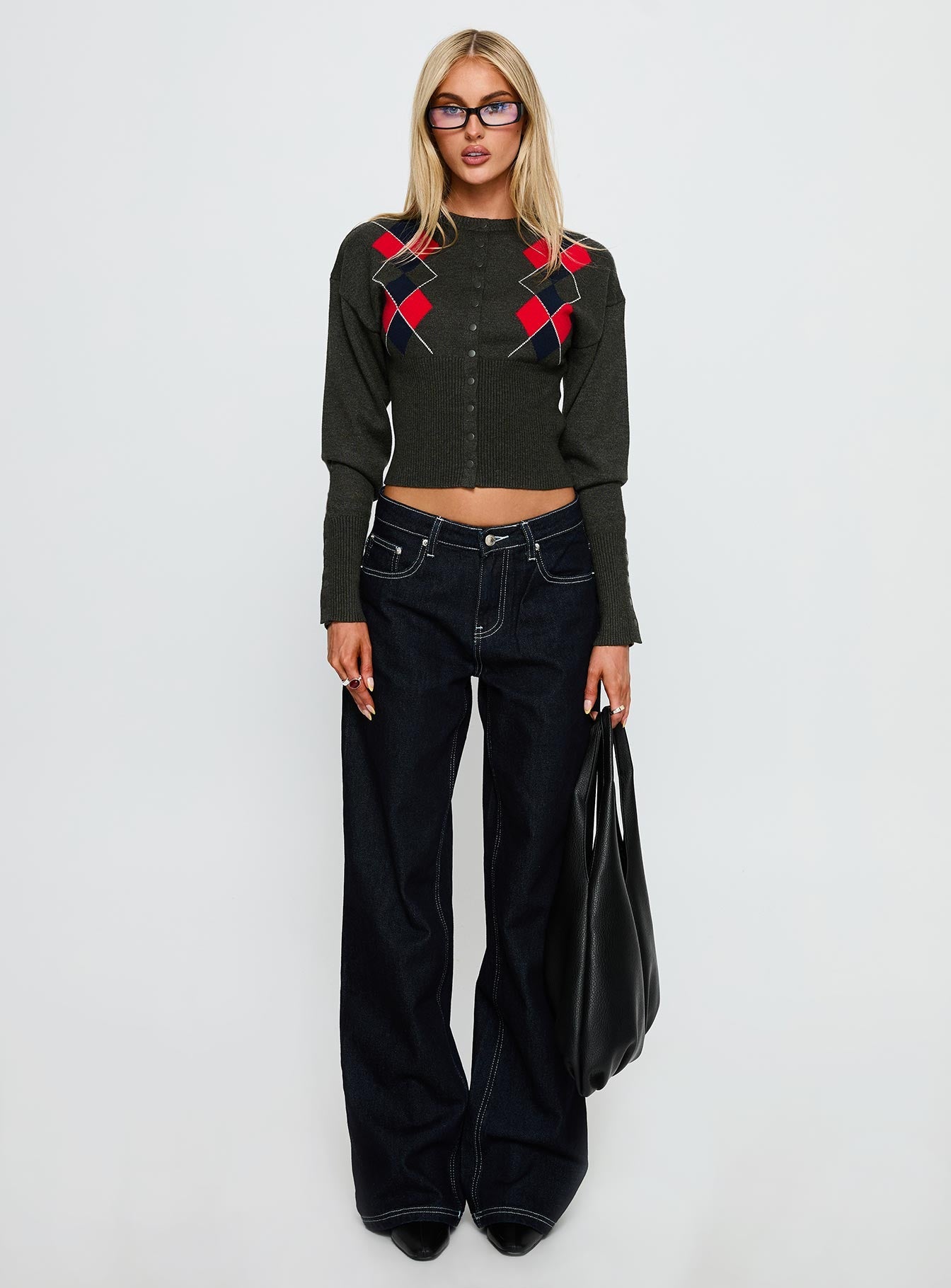 side view of model wearing Princess Polly Head In The Clouds Knit Cardigan Grey Argyle cropped 