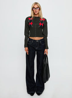 side view of model wearing Princess Polly Head In The Clouds Knit Cardigan Grey Argyle cropped 