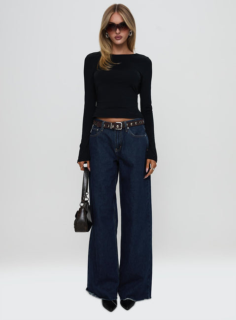 front view of model wearing Princess Polly Harpur Long Sleeve Backless Top Black Full Sleeves Crew Neck 