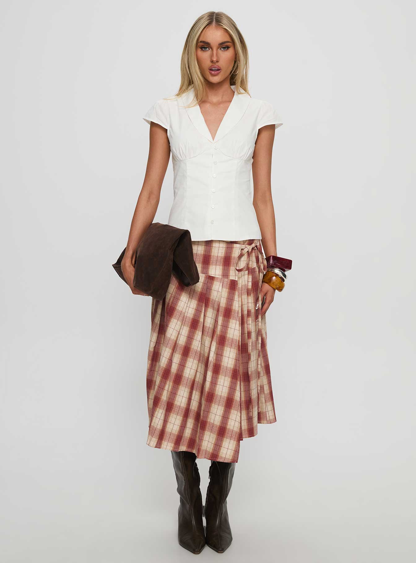   side view of model wearing Princess Polly Norie Wrap Pleat Midi Skirt Red Plaid Midi Skirts Skirts 