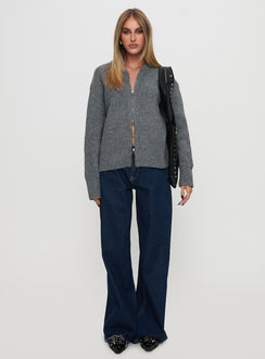 side view of model wearing Princess Polly Lexene Zip Through Jumper Grey Longline Jumpers Jumpers 