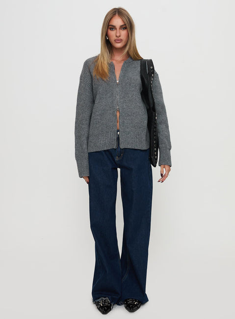 side view of model wearing Princess Polly Lexene Zip Through Jumper Grey Longline Jumpers Jumpers 