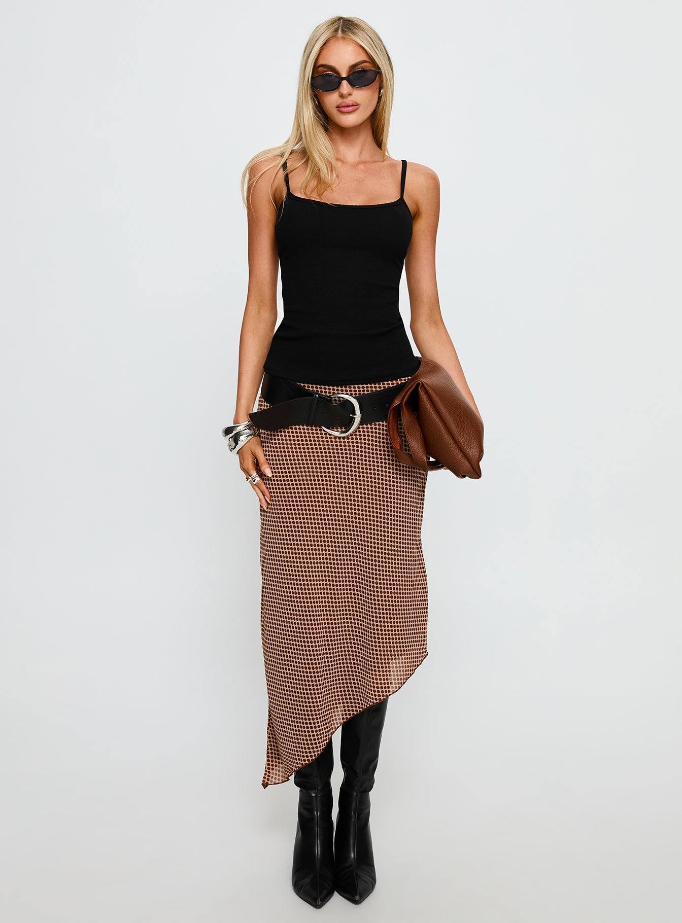   front view of model wearing Princess Polly Suella Asymmetrical Midi Skirt Brown Polka Dot Midi Skirts 