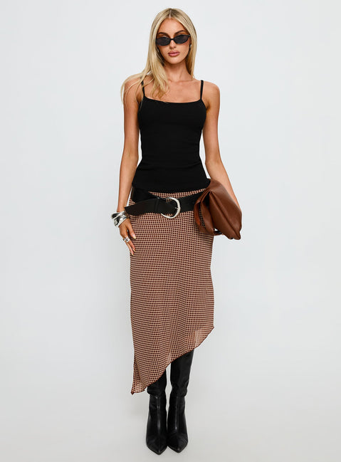   front view of model wearing Princess Polly Suella Asymmetrical Midi Skirt Brown Polka Dot Midi Skirts 