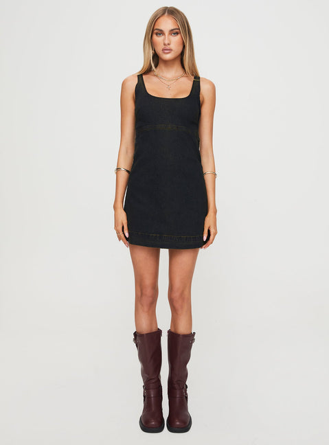 back view of model wearing Princess Polly Rautha Denim Mini Dress Black Square Neck 