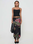 Floral maxi skirt Mesh material, elasticated waistband with drawstring fastening, layered hem Good stretch, unlined  Princess Polly Lower Impact 