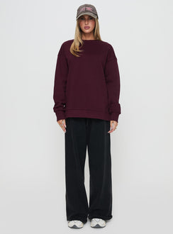 front view of model wearing Princess Polly All Day Crewneck Sweatshirt Wine Long 