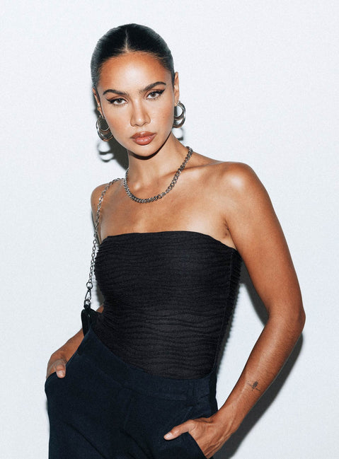 back view of model wearing Princess Polly Makena Strapless Bodysuit Black Sleeveless straight 