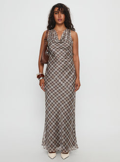brown check cowl neck midi dress New Look Polka Dot Cowl Neck Scarf Trim Midi Dress - Brown