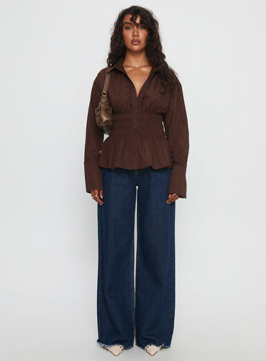 As You Are Shirred Button Up Top Chocolate