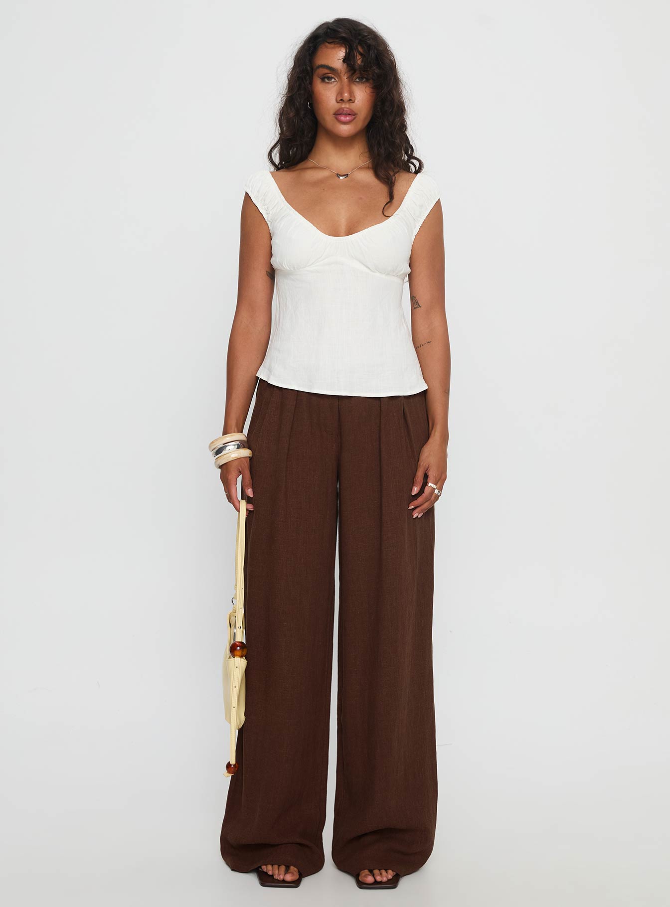 front view of model wearing Princess Polly Vianca Low Rise Linen Pant Chocolate High Waisted Pants 