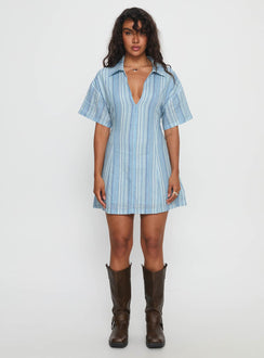Wylla V Neck Linen Mini Dress Blue Stripe