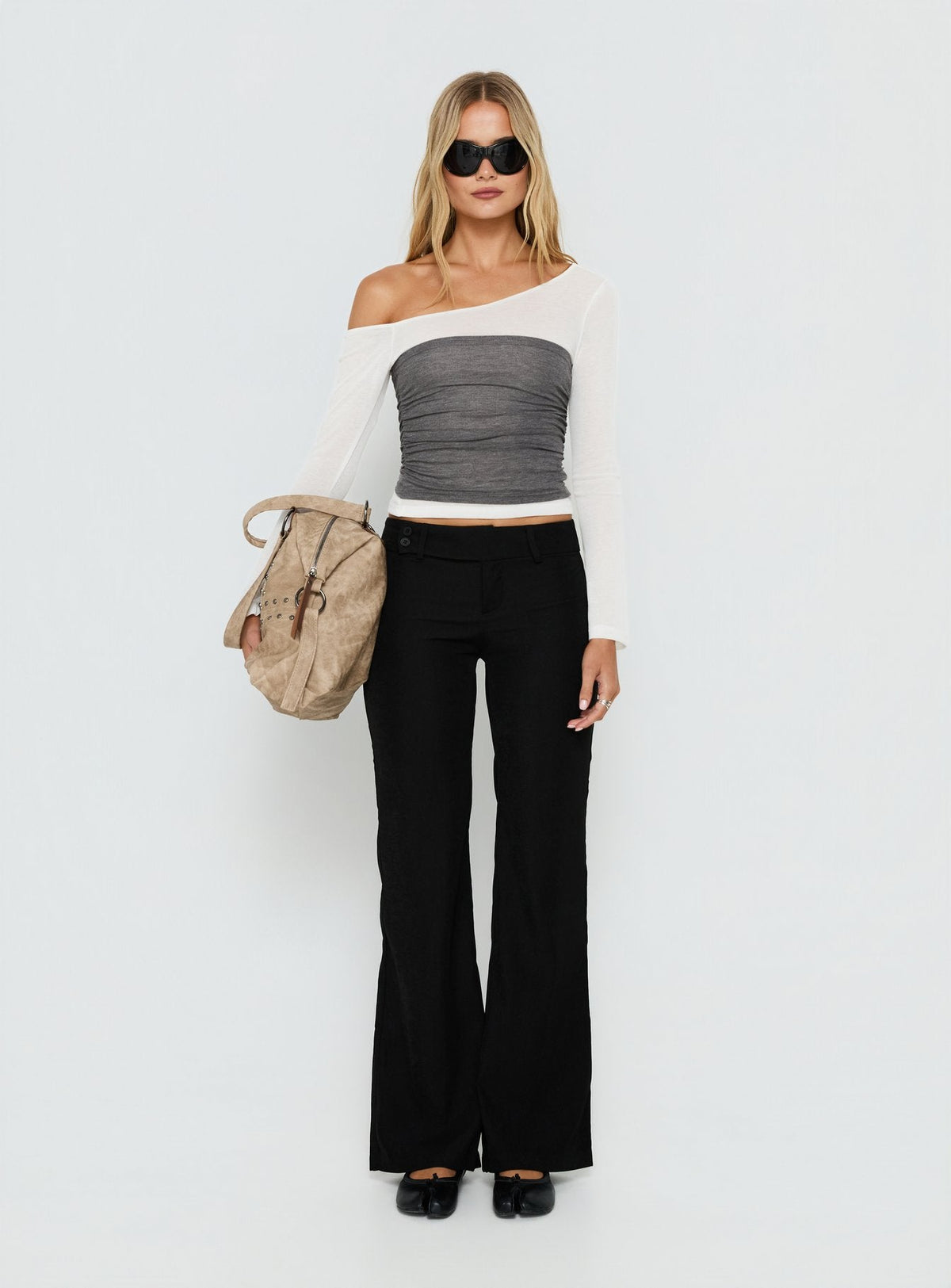 Norra Layered Off Shoulder Long Sleeve Top Grey / White