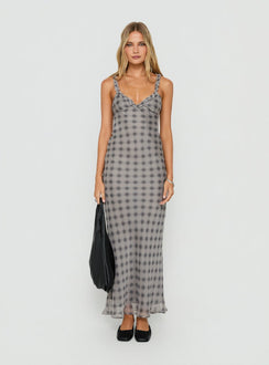 Baley Bias Cut Frill Maxi Dress Grey / White Check