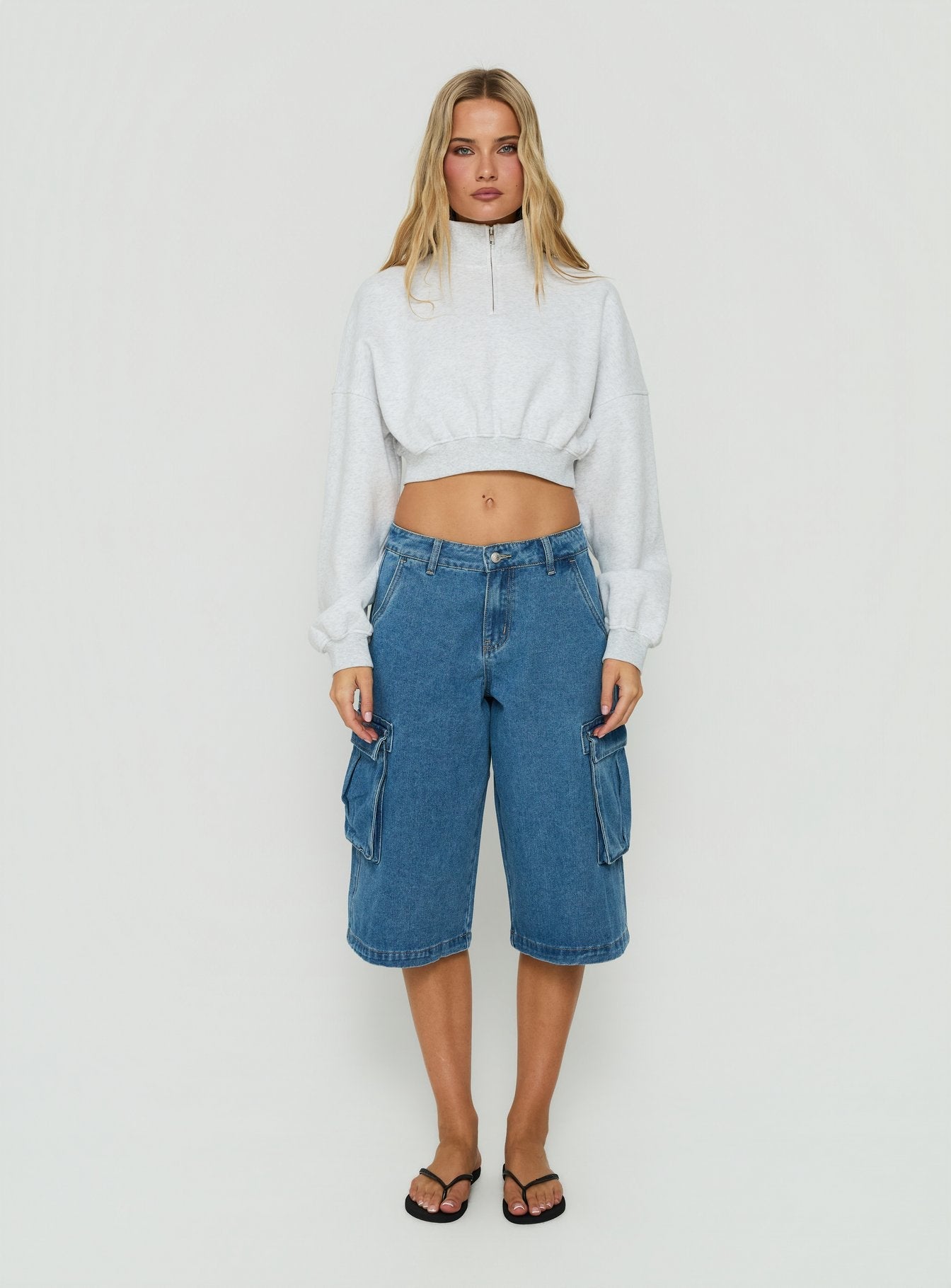 Astridd 3/4 Zip Cropped Jumper Grey Marle