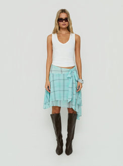 Ophella Tie Waist Chiffon Midi Skirt Aqua Check