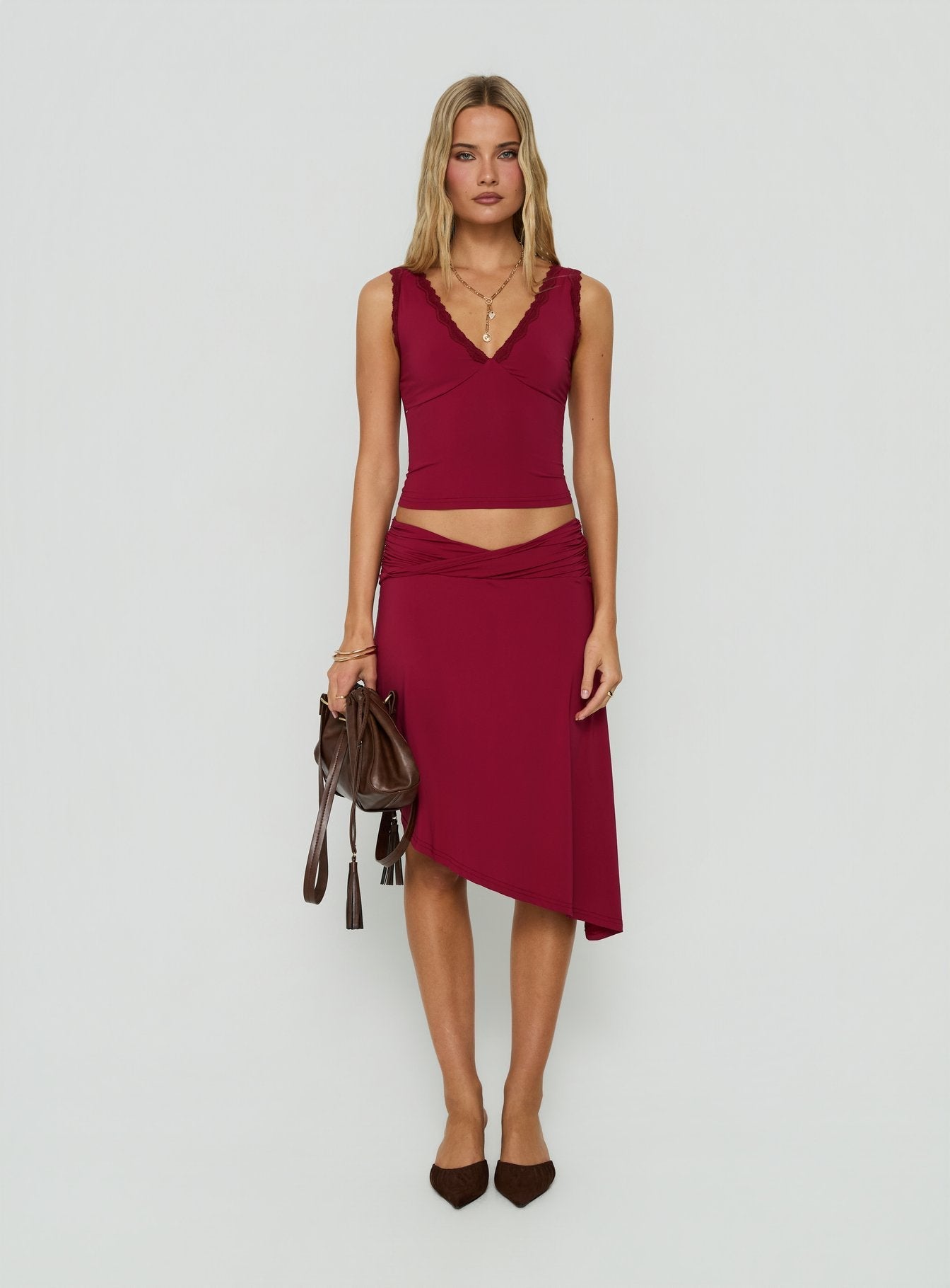 Phoebella Asymmetrical Midi Skirt Burgundy