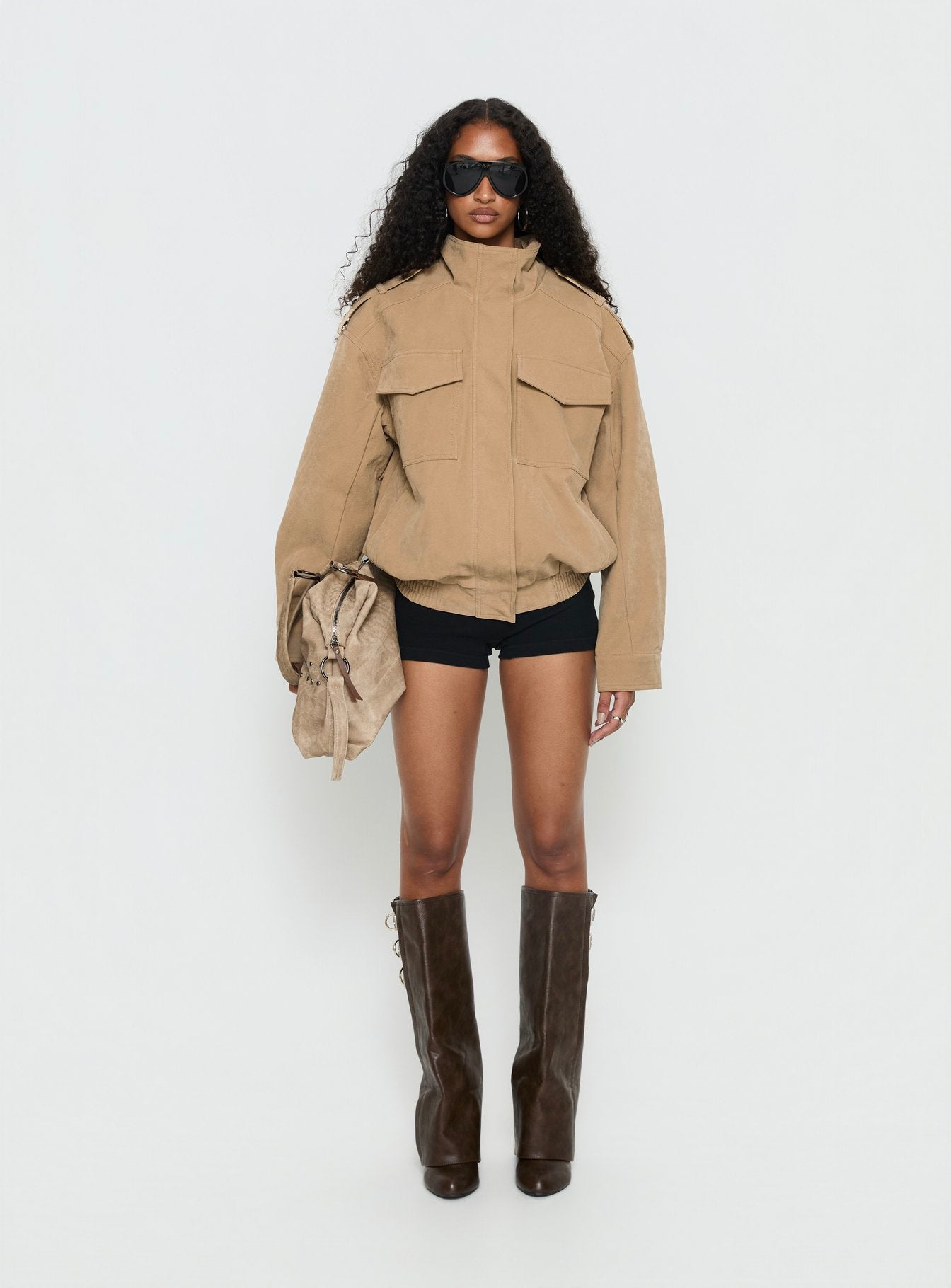 Double Life Funnel Neck Cargo Jacket Beige