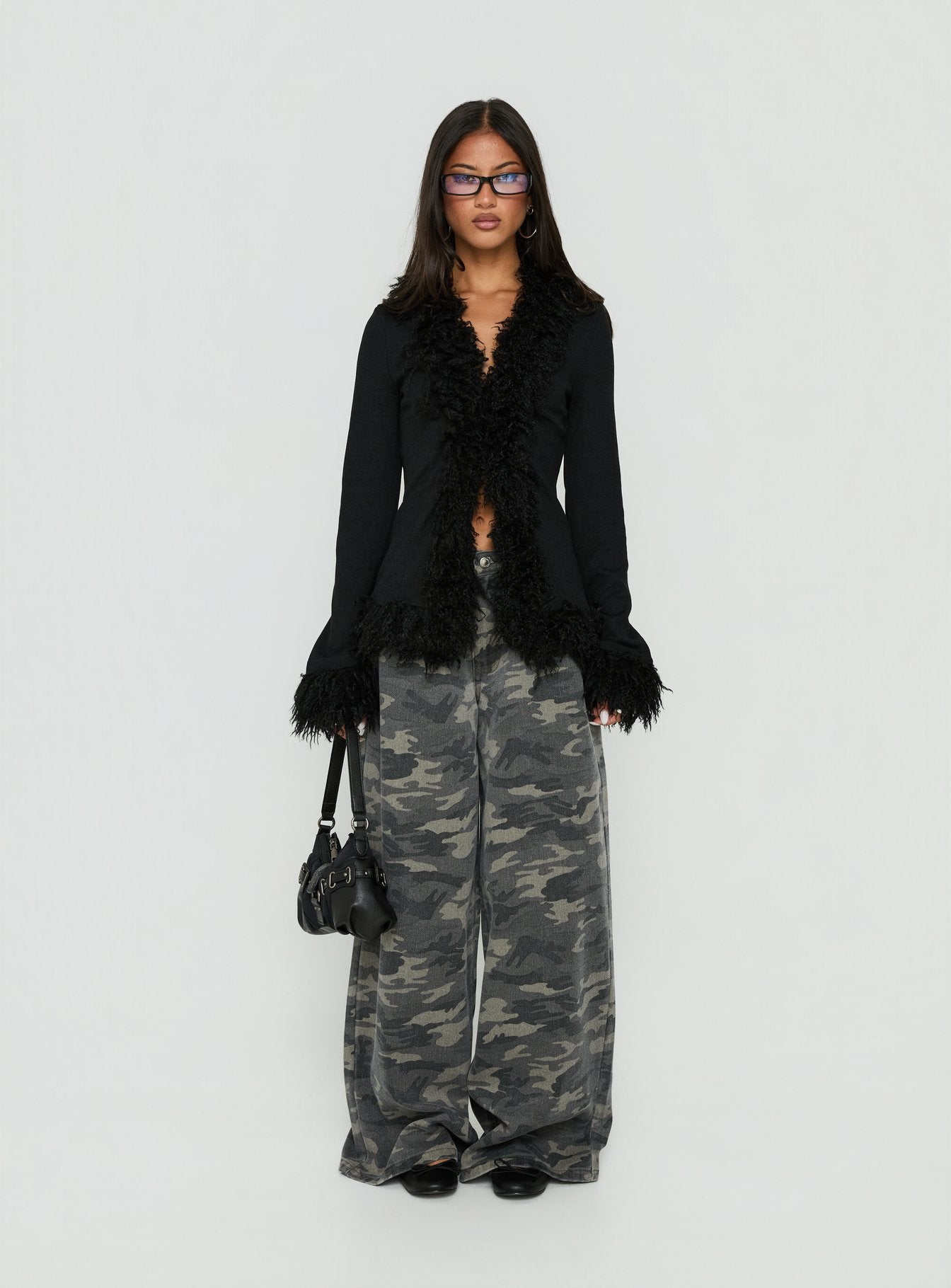 Brynlie Faux Fur Trim Boxy Cardigan Black