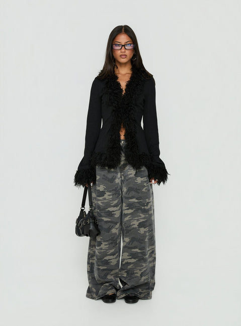Brynlie Faux Fur Trim Boxy Cardigan Black