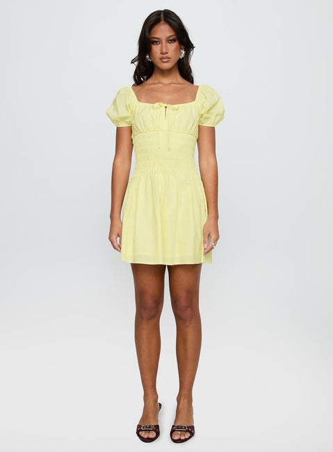 Ricotta Shirred Mini Dress Lemon
