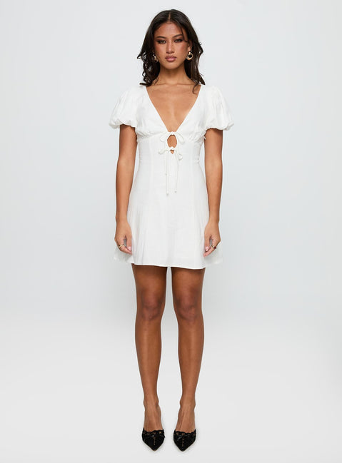 side view of model wearing Princess Polly Beloved Puff Sleeve Linen Blend Mini Dress White Plunger 