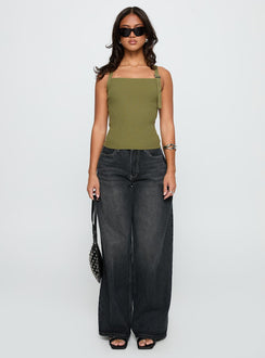 side view of model wearing Princess Polly Bare It All Buckle Detail Top Green Sleeveless Square Neck 