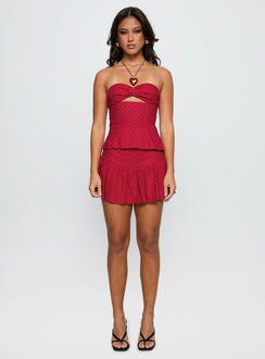 back view of model wearing Princess Polly Kandee Twist Linen Blend Top Red Polka Sleeveless Sweetheart 