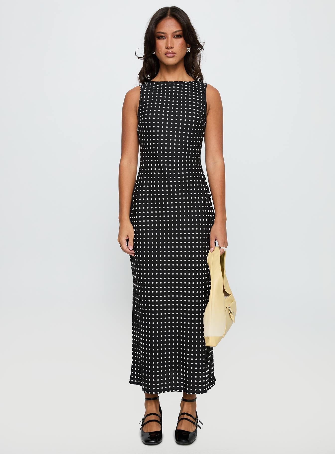 front view of model wearing Princess Polly Voyager Linen Blend Midi Dress Black Polka Crew Neck 