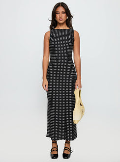 front view of model wearing Princess Polly Voyager Linen Blend Midi Dress Black Polka Crew Neck 