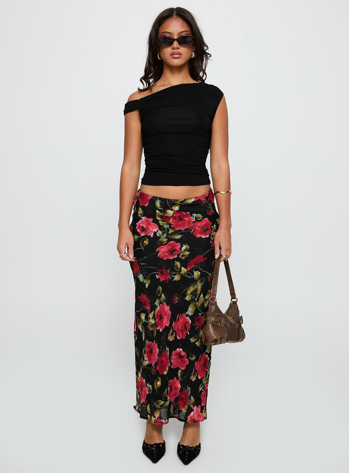back view of model wearing Princess Polly Emaretta Maxi Skirt Multi Floral Skirts 