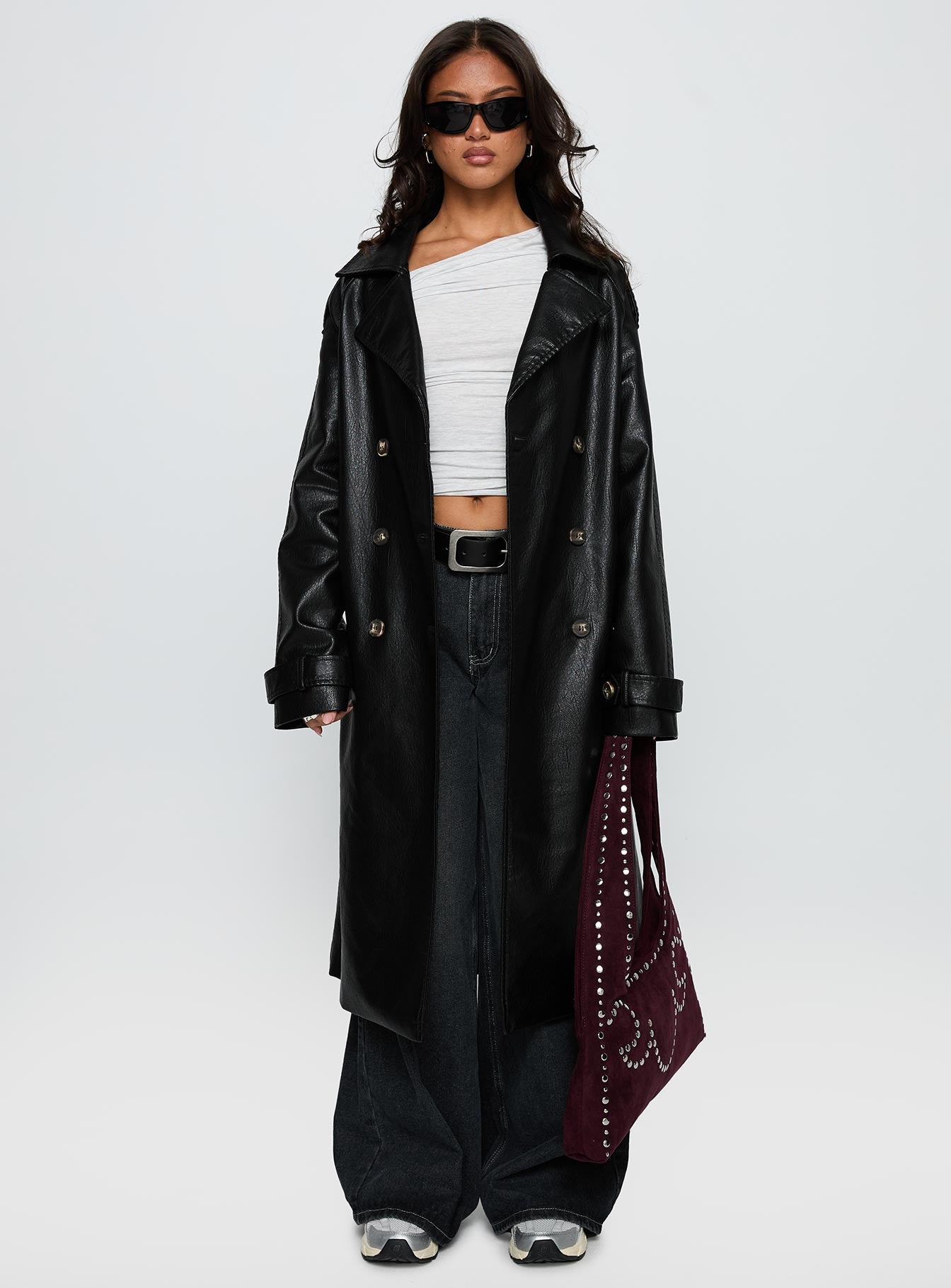 For The Fame Faux Leather Trench Coat Black