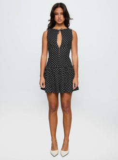 front view of model wearing Princess Polly Alissea Keyhole Linen Blend Mini Dress Black Polka Crew Neck 