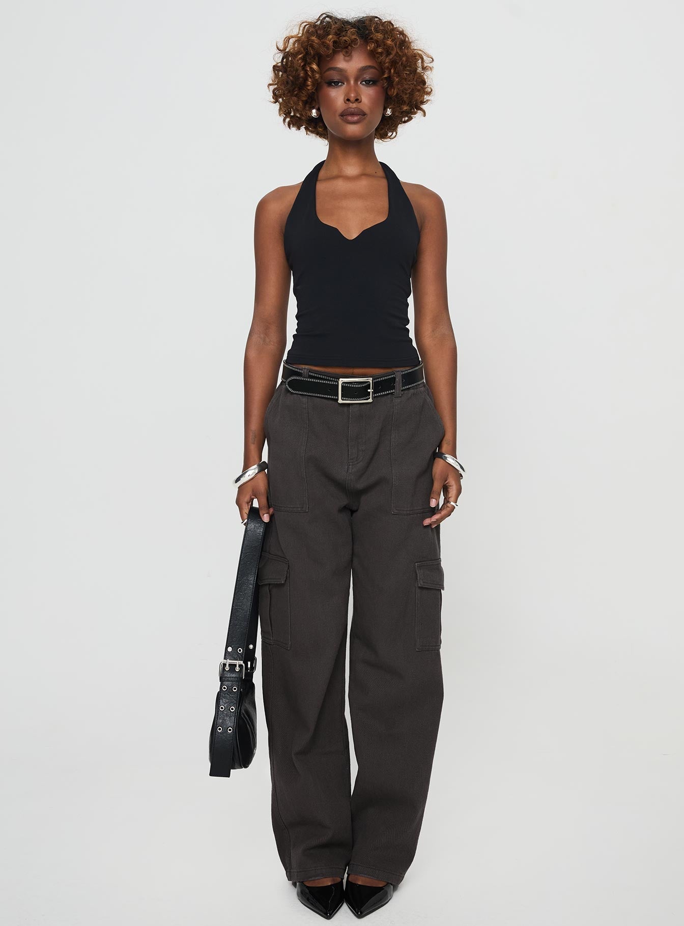 front view of model wearing Princess Polly Pawley Cargo Pants Slate High Waisted Pants 