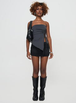 front view of model wearing Princess Polly Dessy Strapless Top Slate Sleeveless straight 