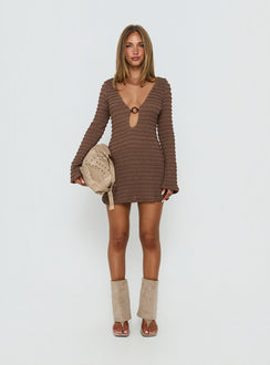 Elnora Long Sleeve Plunge Mini Dress Brown