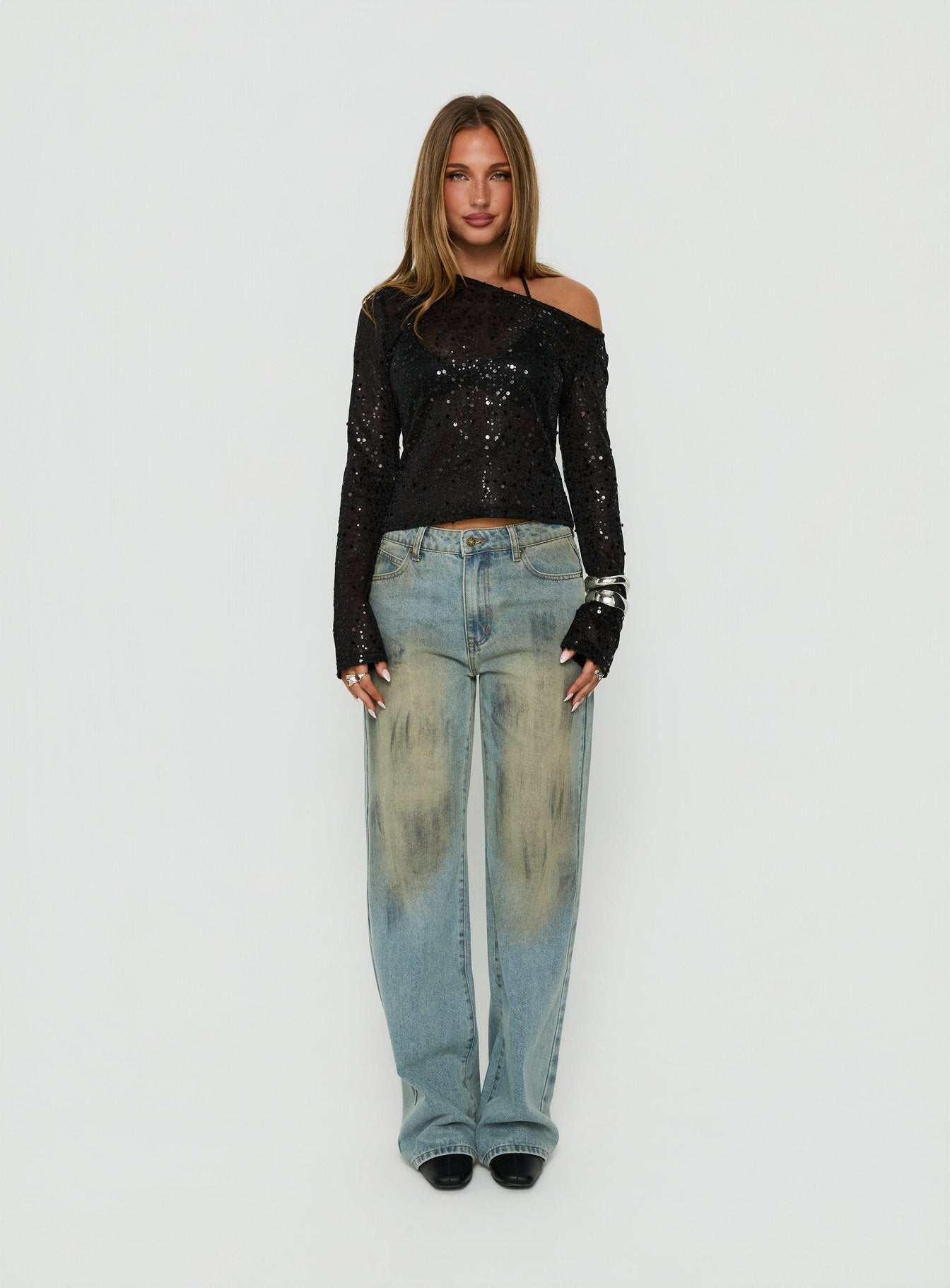 Odena Layered Sequin Long Sleeve Top Black
