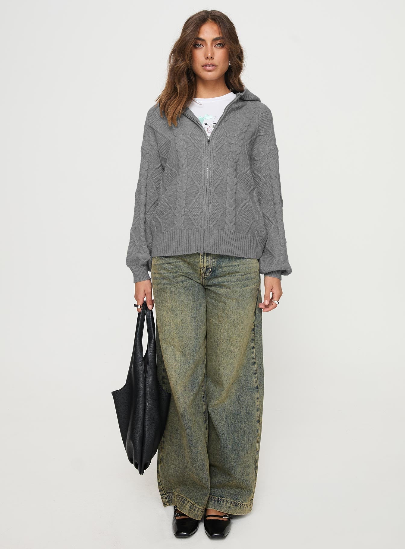 Zip up sweater Knit material, hooded style, exposed zip fastening, ribbed trim Good stretch, unlined 