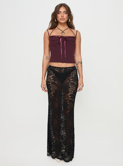 back view of model wearing Princess Polly Trynia Top Burgundy Sleeveless Square Neck 