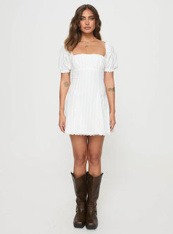 front view of model wearing Princess Polly Rabatia Mini Dress White Square Neck 