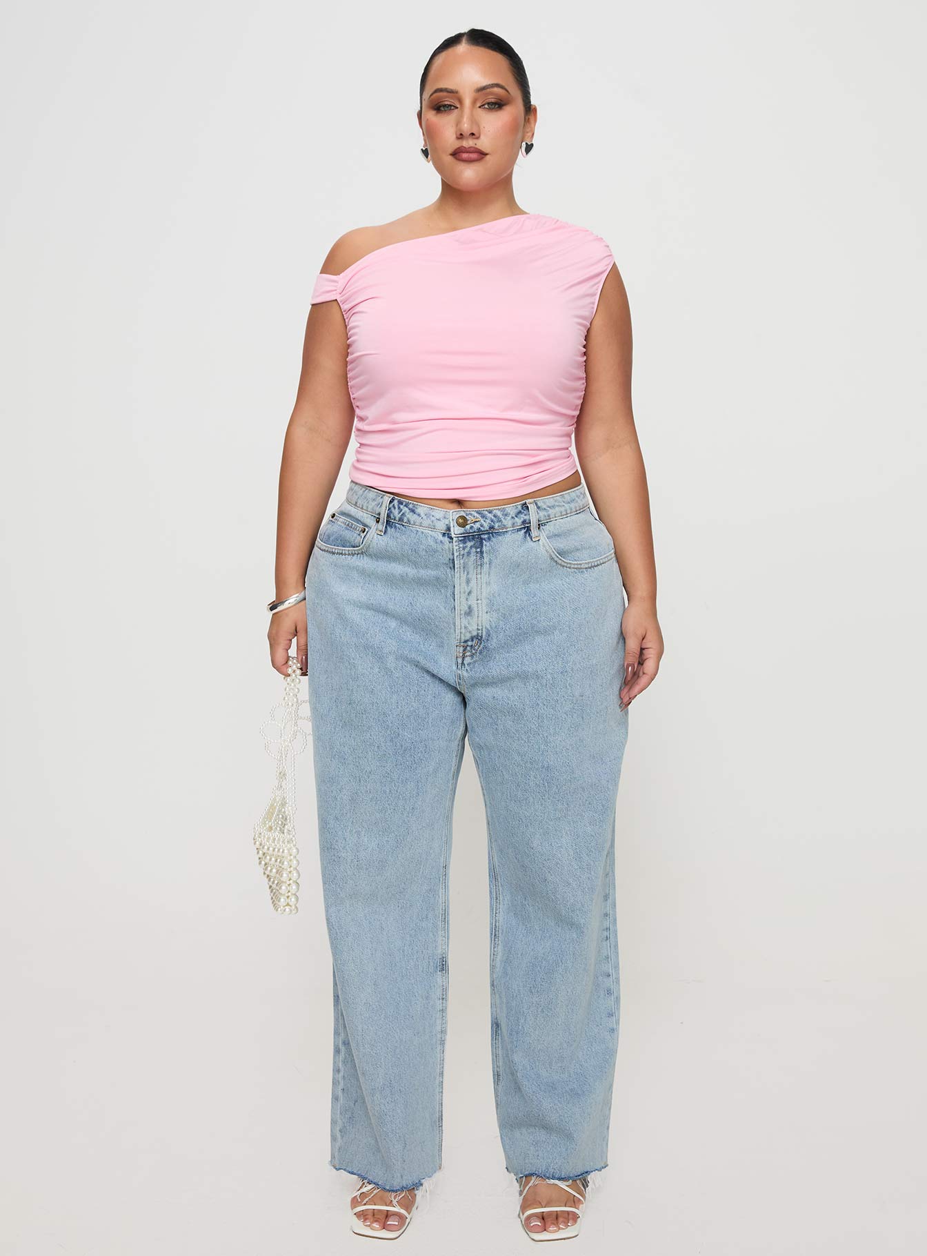 front view of model wearing Princess Polly Fawcett Jeans Light Wash Denim Curve High Waisted 