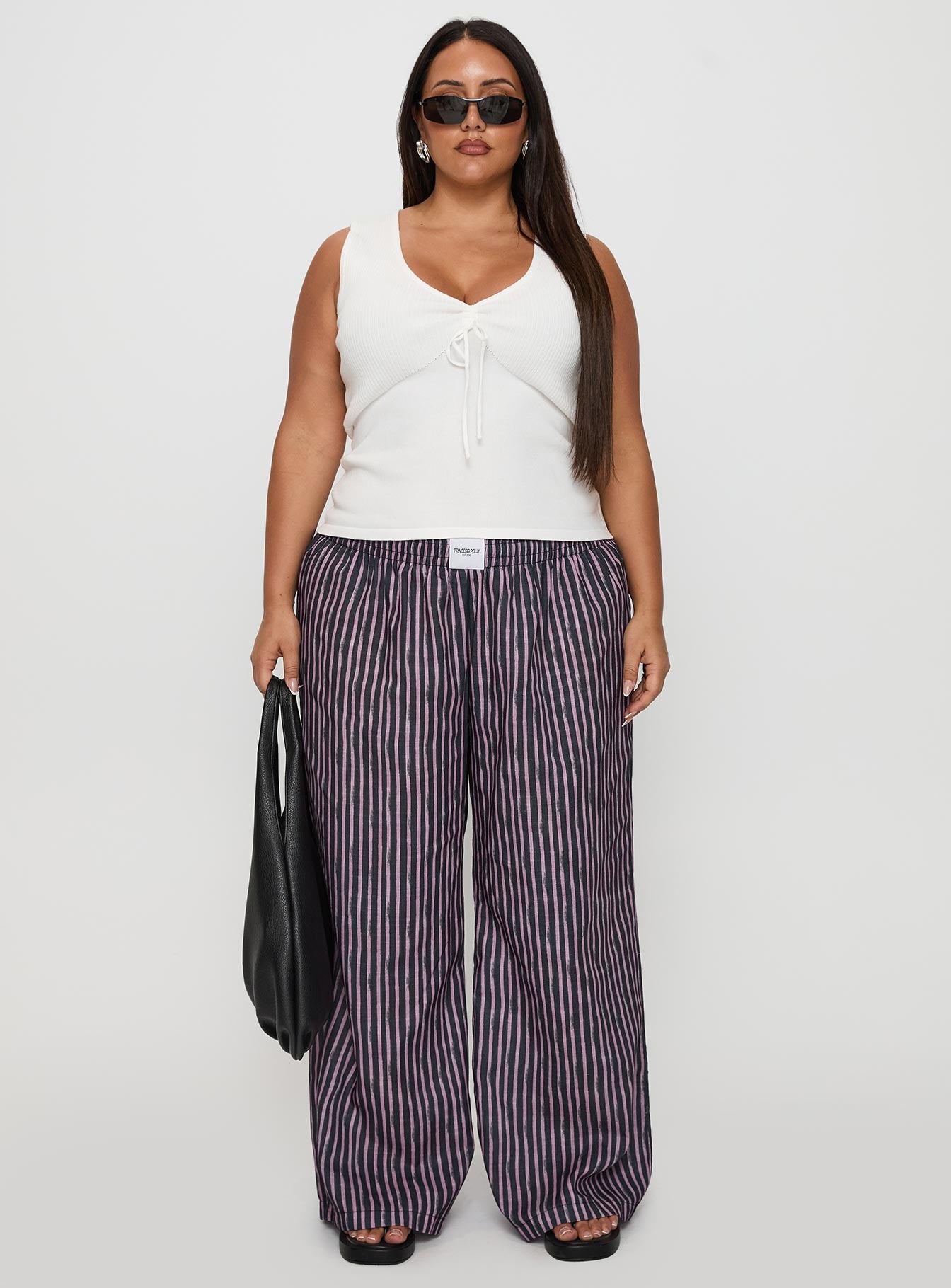 front view of model wearing Princess Polly Beach House Pants Multi Curve High Waisted Pants 