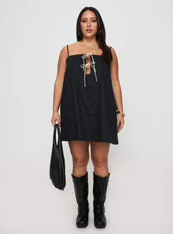 front view of model wearing Princess Polly Belong Together Mini Dress Black Curve Square Neck 