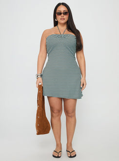 Knoxi Halter Jersey Mini Dress Blue / Brown Stripe Curve