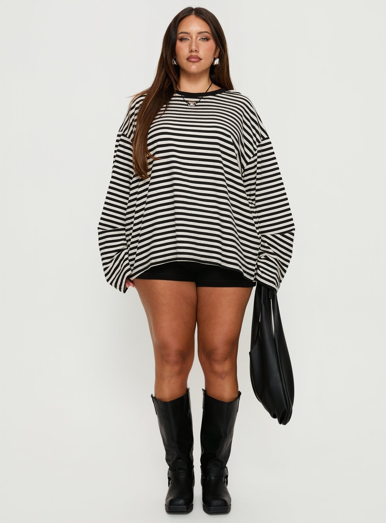Settle Down Long Sleeve Top Black / White Stripe Curve