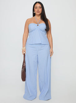 side view of model wearing Princess Polly Sofea Mid Rise Pant Blue Stripe Curve High Waisted Pants 